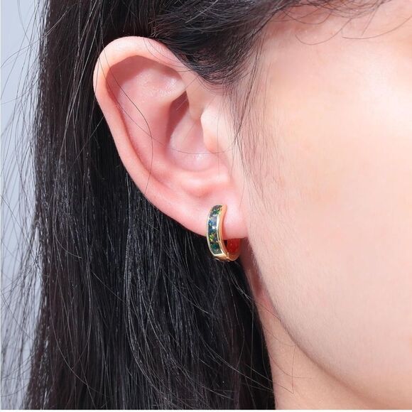 14K Yellow Gold with Genuine Green Black Fire Opal Huggie Hoop Hinge Earrings - Picture 4 of 4